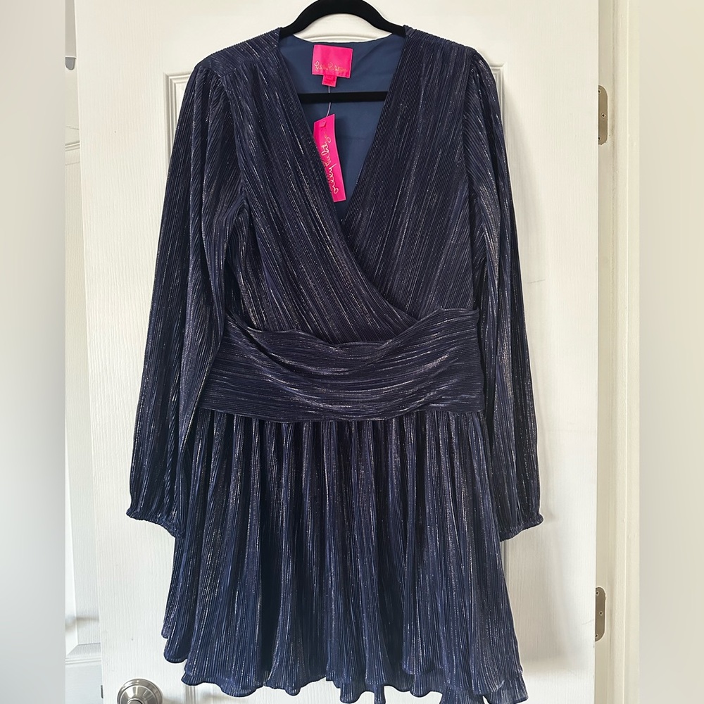 Jessamine long sleeve dress in Low tide navy foil printed crinkle woven
